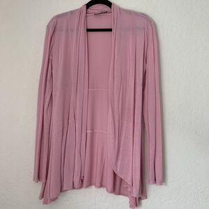 JM Fleurette Open Front Cardigan Women L Pink Long Sleeve Drape Top Preppy Work